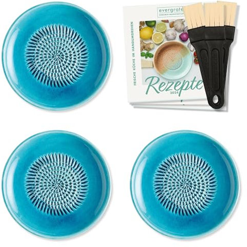 evergrate Keramikreibe 3er Verschenkset - 3 Tellerreiben Türkis mit Küchenpinseln und Rezeptheften