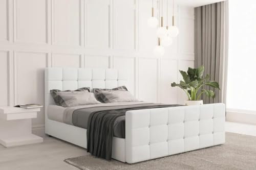 Kaiser Möbel - Bett 180x200 cm, Boxspringbett mit Matratze, Bettkasten und Topper, Polsterbett für Schlafzimmer, Doppelbett mit Stauraum und Gepolstertes Kopfteil, Kaltschaum Topper - Roma - Weiß