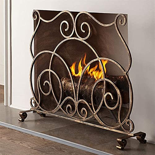 Kaminschutz, Kaminschutz, großes goldenes Einzelpaneel, Rahmen aus massivem Schmiedeeisen mit Metallgitter für offenes Feuer/Gasfeuer/Holzofen, B 98 cm It's so Kind of You
