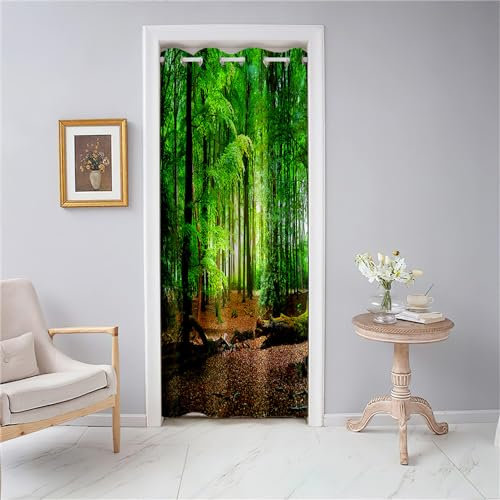 Odot Türvorhang Blickdicht mit Ösen, Verdunklungsvorhänge Isolierter Gardinen 3D Grüner Wald Druck Raumteiler Vorhang für Wohnzimmer Schlafzimmer Fenster Tür Schrank (Stil F,80x150cm)