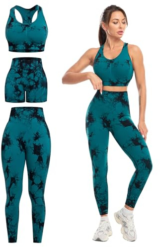 Salspor 3-teiliges Workout-Set für Damen, Po-Lifting-Leggings mit hoch belastbarem Sport-BH, Fitness-Shorts