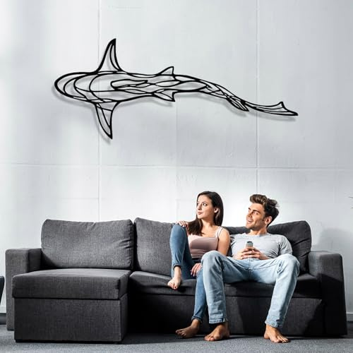 GDSPD Große 3D-Metall-Hai-Wanddekoration, Haifisch-Linie, Wandkunst, Metall-Wandkunst, Metall-Hai-Skulptur, Ozeanfisch, Wandbehang, Hai, Metall-Wanddekoration, Kunst, Wanddekorationen für Wohnzimmer,