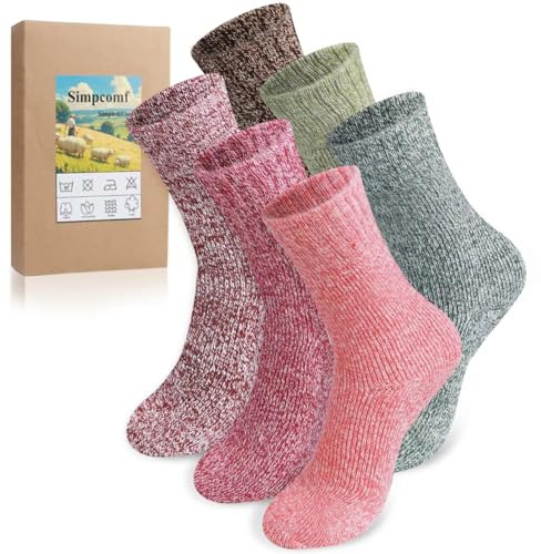 Simpcomf Calcetines térmicos para mujer, calcetines cálidos de lana merino, calcetines de invierno, calcetines de peluche para mujer, calcetines gruesos de punto para senderismo, 6 Pares-Rosa, 35-42
