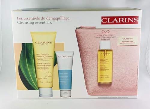 Clarins Cleansing Essentials Cream Hydrating Gentle Foaming Cleanser 125 Ml, Fresh Scrub 50 Ml, Hydrating Toning Lotion 50 Ml, Cosmetic Bag