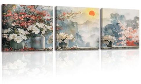 PIY PAINTING Stampe su tela di Paesaggio Natura, Quadro su Tela Montagne, Dipinto su tela di fiori, Quadri Moderni, per Soggiorno Sala yoga Ufficio, Telaio Interno in Legno 30x30cm Set di 3