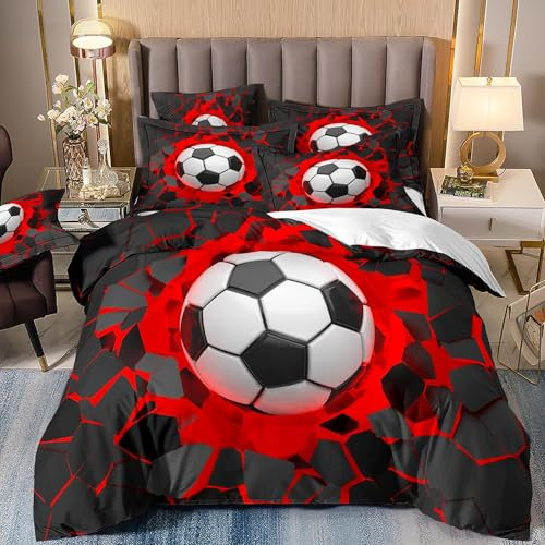Tabeskly Kids Boys Black White Football Soft Zipper Bed Bedding Duvet Cover Set Single Red 135×200cm