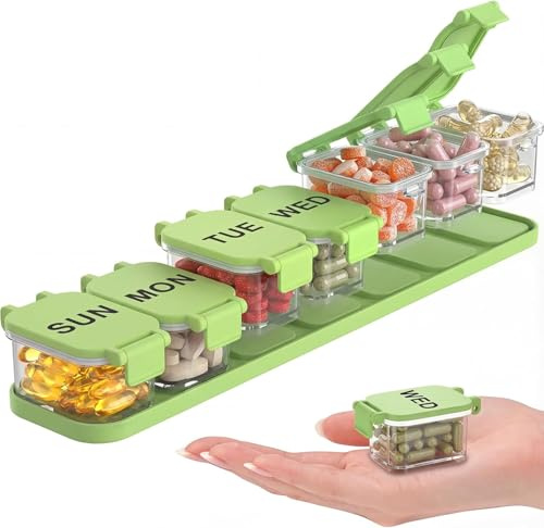 Tablettenbox 7 Tage, Abnehmbar Extra Große Pillendose 7 Fächer Medikamentenbox mit Großen Fächern für Vitamine, Fischöl und Medikamente, Tabletten Wochenbox Leicht Zu Öffnen Pillenbox 7 Tage (Grüner)