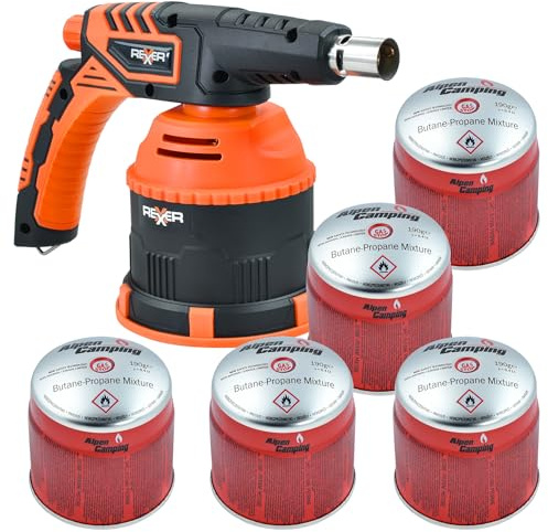 REXXER Premium Gasbrenner Set mit 5 Alpen Camping Kartuschen | 1300 W, gummierter Griff, Piezozündung, 5 Propan-Butan Kartuschen 190 g