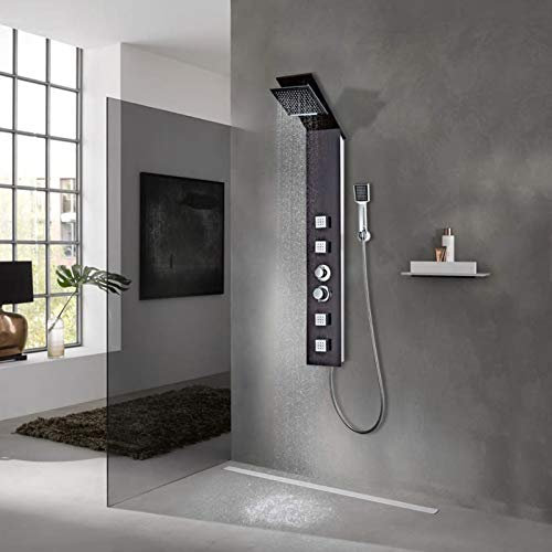 SFSLBFB Duschpaneel aus braunem Glas. Duschpaneel mit Mehrfachfunktion, Säulenturm. Mit Wasserfall-Regenduschkopf, Körperdüsen, Handbrause und Wanneneinlauf. An der Wand montierte Dusche