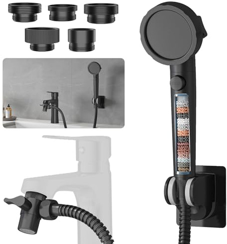HEROBAI Sink Hose Sprayer Attachment for Faucet, 3 Mode Shower Head Attaches to Tub Faucet with 5 Adapters, High Pressure Shower Head for Bathtub, Handheld Showerhead with Filter (Black)