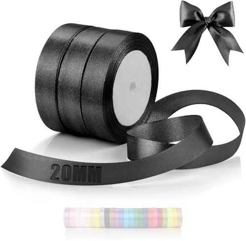 TXXATX 66m Schleifenband Schwarz Satinband Deko 20mm Geschenkband Breit | Ribbon Band Schwarz, für Hochzeit, Stoff Geschenk, Taufe, Geburtstag, Geschenkverpackung, Weihnachtstischdeko