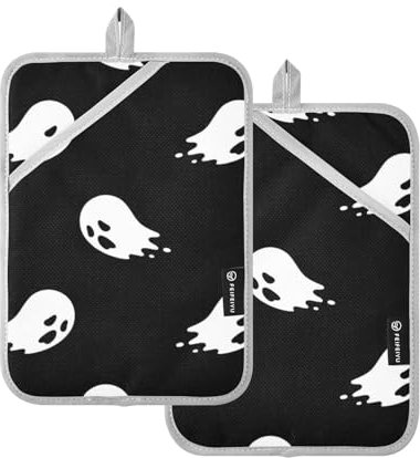 Set di 2 presine resistenti al calore, per cucina, fantasmi neri, alla moda, con tasche, per cuocere al forno a microonde