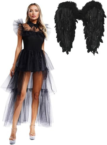 iiniim Damen Engel Kleid Schwarz Engelskostüm mit Engelsflügel Taufel Kostüm Gefallenen Engel Kleid Gothic Kleid Halloween Karneval Fasching Kostüm Schwarz M