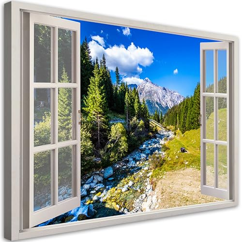 Feeby Leinwandbild - Wohnzimmer Vlies Bilder - Fensterblick Berge Natur Landschaft - 60x40 1tlg - Deko Schlafzimmer - Dekoration - Aesthetic Leinwanddruck - Moderne Bild - Foto auf Leinwand