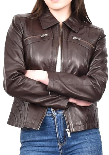 Veste de motard en cuir véritable avec fermeture éclair pour femme Marron Nicole, marron, 40