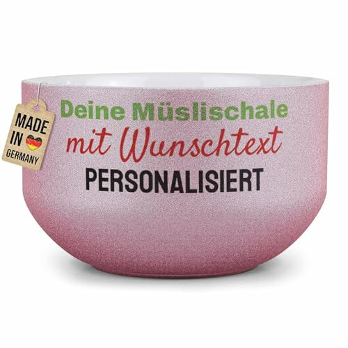 Print Royal PR Glitzer Müslischale mit Name oder Text selbst gestalten - Personalisierte Schüssel bedrucken - Individuelle Fotogeschenke zum Geburtstag, Weihnachten - Keramik, Pink 500 ml