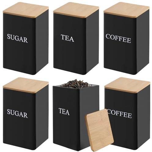 FUNSUEI Juego de 6 botes de café y té negro con tapas herméticas de bambú, contenedor de metal para cocina, 85 x 85 x 150 mm