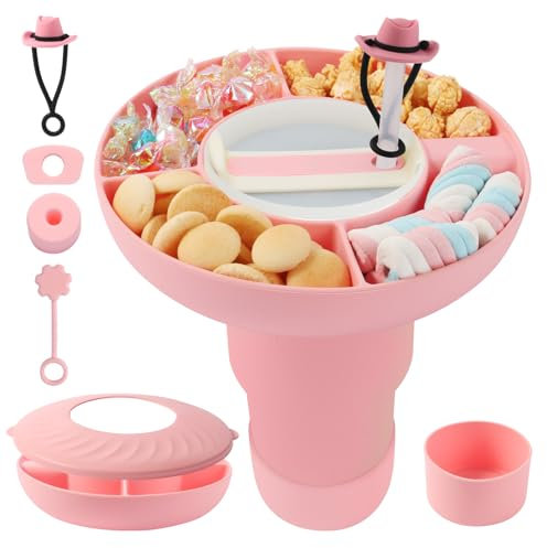 Luxoraiova Plato para aperitivos con tapa, cuenco para aperitivos Stanley Cup 40 oz, plato de aperitivos con compartimentos, plato de silicona para aperitivos, cubierta de pajita y protección contra