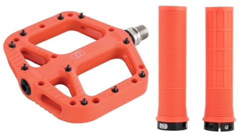 Oxford MTB Grip & Pedal Set - Lock-On Grips + Loam 2.0 Nylon Flat Pedale | Mountainbike Components Colour-Matched Pair - Orange - Trail Riding, Enduro Biking, Enhanced Grip & Control