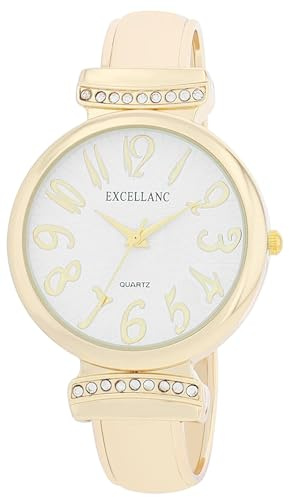 Excellanc Damen-Spangenuhr Metallarmband Armreif lesbare Ziffern Länge 16 cm Quarz-Armbanduhr Geschenkidee für Frauen (Gold/Weiß)