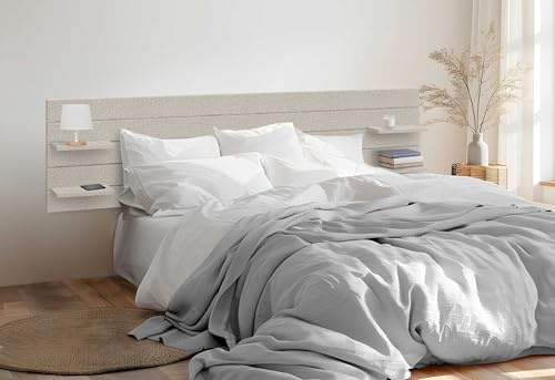 DHOME Cabecero de Madera Reciclada DM con Estantes Estilo Palet Mesita de Noche Baldas Horizontal Cama Nordico Herrajes incluidos (Espigas Beige, Cama 180cm)