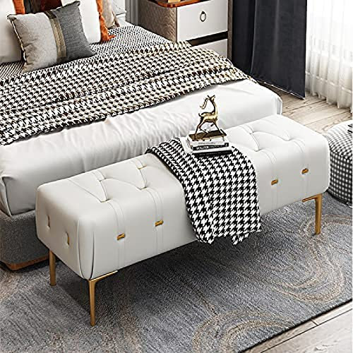 Luxuriöse, gepolsterte Bettbank aus Leder, modern, grau, mit goldenen Beinen, stilvolle Sitzgelegenheit, 80 x 40 x 43 cm, elegantes Schlafzimmermöbel