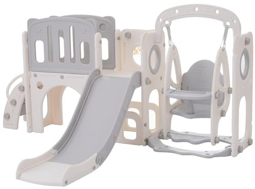 Kinderrutsche, 7 in 1 Kinder Rutsche mit Schaukel, bestehend aus Rutsche, Schaukel, Plattform, Unterschrank, Lochwurfspiel, Basketballkorb und Treppe, Rutsche Garten für In- und Outdoor (Stil A)