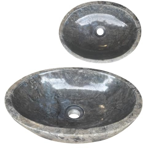 Lendo Online Vasque à poser en marbre ovale 60x40 ou 40x30 cm – Lavabo salle de bain en pierre naturelle crème, gris ou noir – Surface polie – Élégant et durable (Gris, 40x30cm)