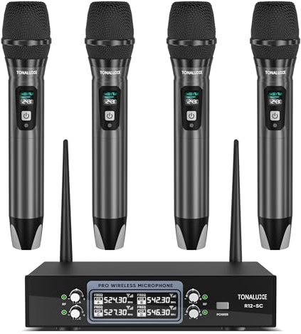 TONALUXE 4 Channel Wireless Microphone System with Metal Receiver, 4 Handheld Mics, Independent Volume Control, 262ft Range, UHF Karaoke Mic Set for Home Party, Classroom, Church, Wedding, Events