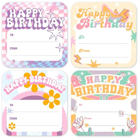 Mobiusea Creation Happy Birthday Gift Tag Stickers | 60 Pcs 2x2 inch Retro Groovy Tags for Gifts Supplies, Birthday Gifts, and Party Favors