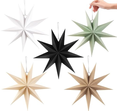 HARESLE 5 Stück Papiersterne Zum Aufhängen Weihnachten, 9 Zacken 30cm 3D Papiersterne Weihnachten Faltsterne Papierstern, Weihnachtsdeko für Zimmer Tisch Fenster Hochzeit Advent Geburtstag