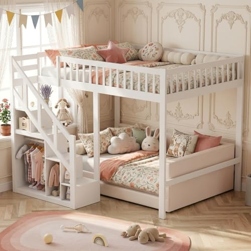 BEIJIALY Etagenbett für Kinder, 90 x 200 cm, Doppelhochbett, Hüttenbett für Kinder, multifunktional, mit Treppe und Schließfächern, stabile Rampe, Fallschutz, Lattenrost, ohne Matratze, weiß