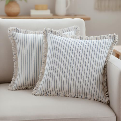 Eclove 2Pcs Decorative Throw Pillow Covers, Stripe Square Boho Farmhouse Pillow Case for Décor with Tassels, Modern Cushion Pillowcase for Sofa Bed Living Room Home Decor, 18x18 Inch (Blue)