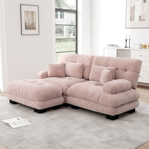 Dolamaní Sofa 2-3 Sitzer, Couch Sofa Chenille Stoff für Wohnzimmer,Wohnung,Büro,Einfache Montage (Rosa, B-(2 Sitzer +1 Hocker))