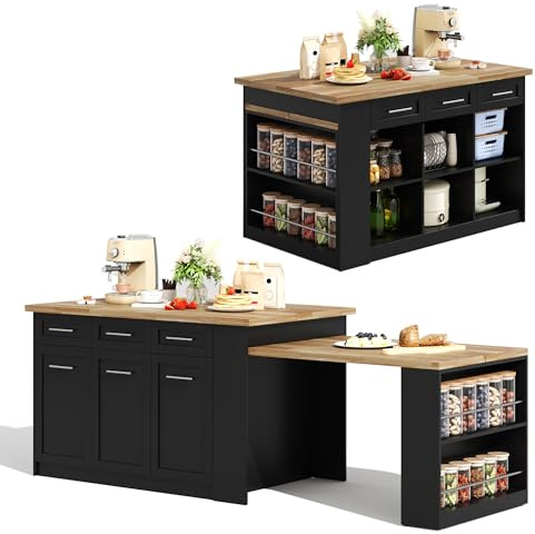 KecDuey Isola da cucina multifunzione con 150 cm + 96 cm, tavolo da pranzo allungabile bianco, piano di lavoro in legno marmorizzato, armadietti integrati, per cucine familiari (naturale + nero)
