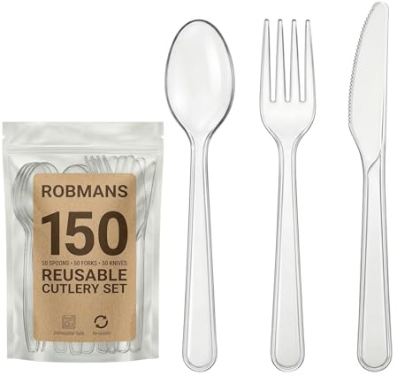 150 Pack Heavy Duty Clear Reusable Cutlery Set – 50 Forks 50 Knives 50 Spoons – Reusable Party Cutlery for Weddings, BBQs, Buffets, Picnics & Camping – Dishwasher Safe