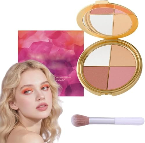 Highlighting Eye & Cheek Palette, Eye & Cheek Palette, Eyeshadow and Highlighter Makeup, 4-in-1 Highlight Shades Makeup for Blush, Multipurpose Makeup Palettes Contour Kit, 24Hours Long Lasting (1Set)