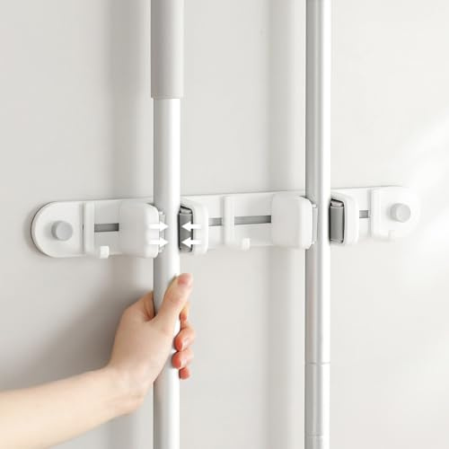 croselyu Wall Mounted Broom and Mop Holder White Aluminum+ABS Storage Rack Non-Marking Organiser with Multiple Hooks for Cleaning Tools,1 pce (Double clip)