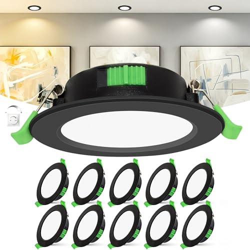 Laiebri LED Einbaustrahler 230V Dimmbar 10er Set, 55–68 mm Lochmaß, 0–100% stufenlos dimmbar, Ultra Flach 25 mm, 6W, 2700K/4000K/6500K Einbauspots, IP44 LED Spots für Bad, Küche, Wohnzimmer, Schwarz