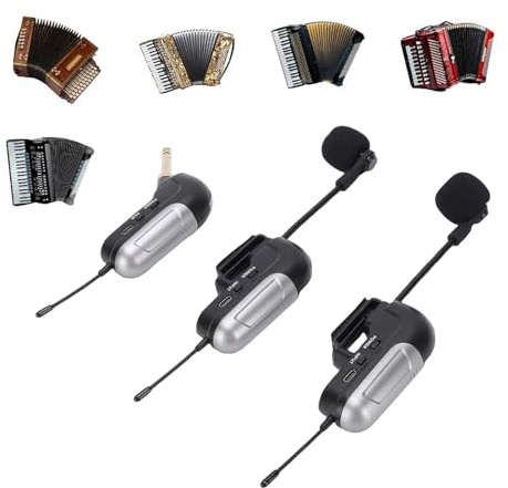 Vikye Drahtloses Akkordeonmikrofon, Dual-UHF-360-Grad-Tonabnehmer-Instrumentenmikrofon mit 30 M Langem Empfänger und 6 Stunden Akkulaufzeit, für Bühnenauftritte und Konzerte