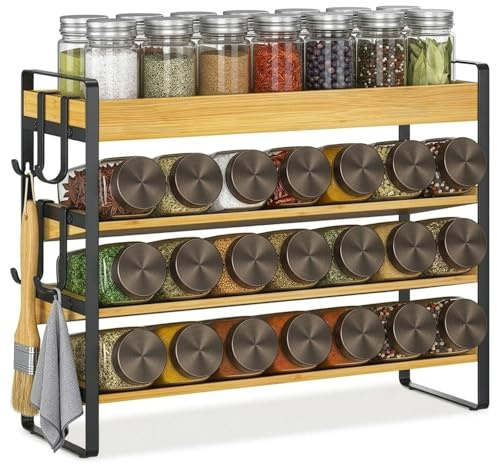 GreenWhim Spice Rack Organiser with Hooks，4 Tier Bamboo Countertop Seasoning Rack Spice Holder Free Standing without Jars Metal Storage Shelf for Kitchen, Cupboard, Pantry, Cabinet