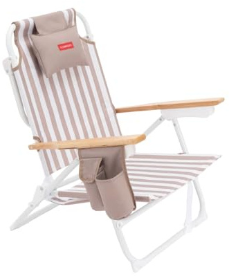 Flamingueo Hopfällbar strandstol - Reclinbar i 5 lägen - Termisk ficka - Mobiltelefonficka - Ryggsäckshandtag - Ergonomisk kudde - Aluminium och polyester - Beige