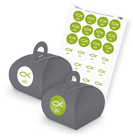 itenga SET Fisch grün Danke (Motiv 89) 24x Geschenkschachtel mit Griff grau + Stickerbogen