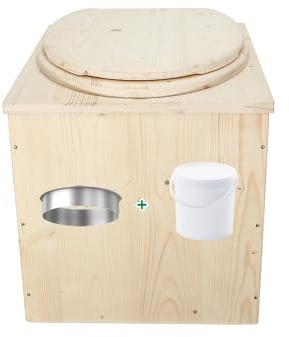 Mes Toilettes Sèches Toilette sèche en Bois avec Seau Plastique Alimentaire 20L et bavette de Protection INOX - Fabrication Artisanale Française - N1