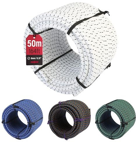 Magma Rotolo di Corda Elastica 25m | Corde Elastiche da 8 mm di Diametro per Pesca, Vela, Campeggio, e Fissaggio Teloni | Extra Forte, Per Interno, Esterno, Giardino e Auto | (Bianco)