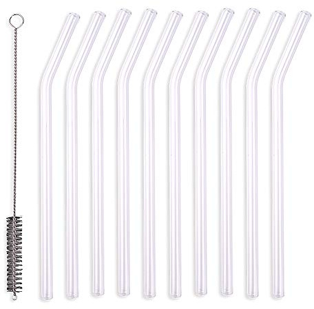 Schramm® 10 Stück Glas Strohhalme gebogen transparent mit Reinigungsbürste wiederverwendbar Trinkhalme Glasstrohhalm