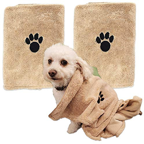 Zelica Dog Bath Drying Towels | Super Absorbent Shower Towels for Small Pet Dogs | Cute Light Brown Dog Towel | 34” x 25” (2 Pack)