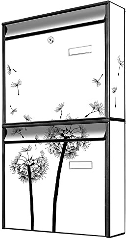 banjado Briefkastenanlage 2 Fach - 2 Briefkästen 36x64x10cm groß - Doppelbriefkasten Set - Namensschild, 2 Schlüssel, Montagematerial - Stahl verzinkt schwarz - Motiv Pusteblume 2