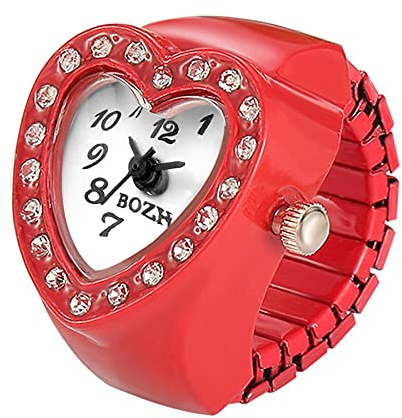 JewelryWe Men Women Finger Watch Heart Shape Rhinestone Quartz Analog Finger Ring Watches, Adjustable Size,