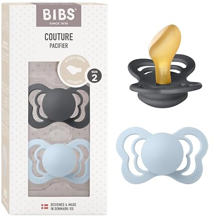 BIBS Couture Schnuller 2er-Pack, BPA-frei, Kiefergerechte Form. Naturkautschuk/Latex, Hergestellt in Dänemark. 6-18 Monate (2er Pack), Iron/Baby Blue